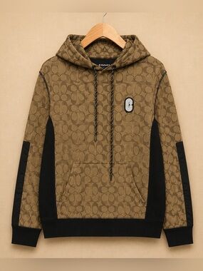 COACH Signature Mix Media Hoodie Khaki Monogram Pullover Small